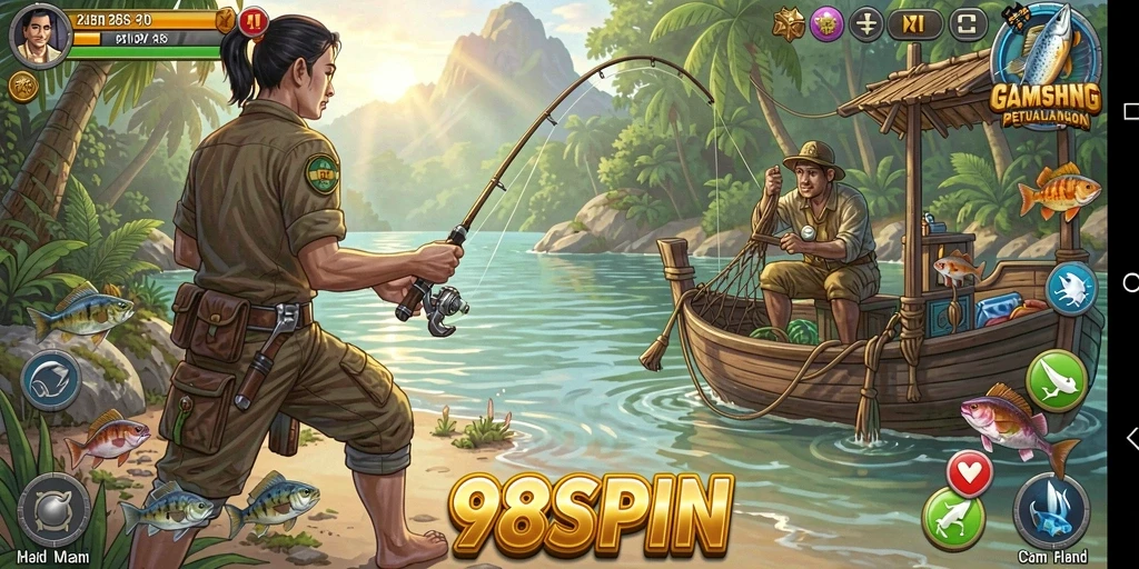 Screenshot gameplay 98SPIN menampilkan aksi memancing yang seru.