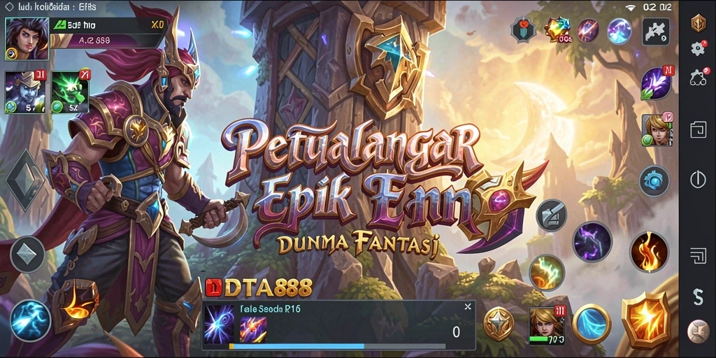 Screenshot DOTA88 menunjukkan aksi karakter petualangan di peta yang luas.