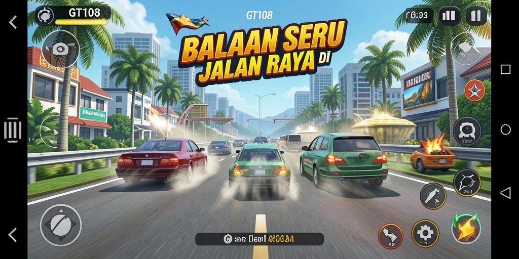 Screenshot gameplay GT108 yang menampilkan aksi balapan seru.
