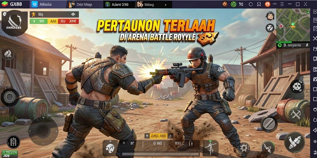 Screenshot GX88 menampilkan aksi intens dalam pertempuran Battle Royale.