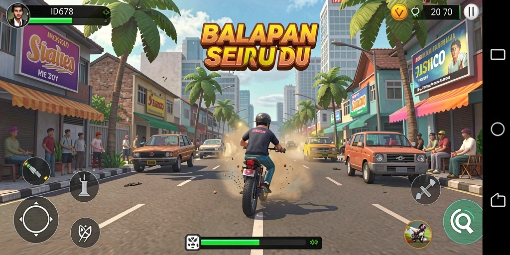 Gameplay ID678 dengan mobil balap di trek menantang.