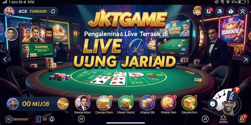 Screenshot utama JKTGAME menampilkan dealer langsung dan meja permainan yang interaktif.