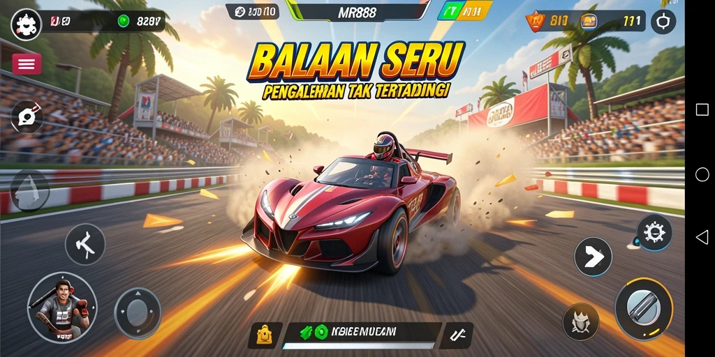 Screenshot MR888 menampilkan aksi balapan yang seru dan grafis mendetail.