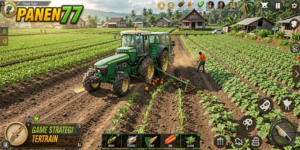 Screenshot PANEN77 menampilkan aktivitas pertanian yang menegangkan.