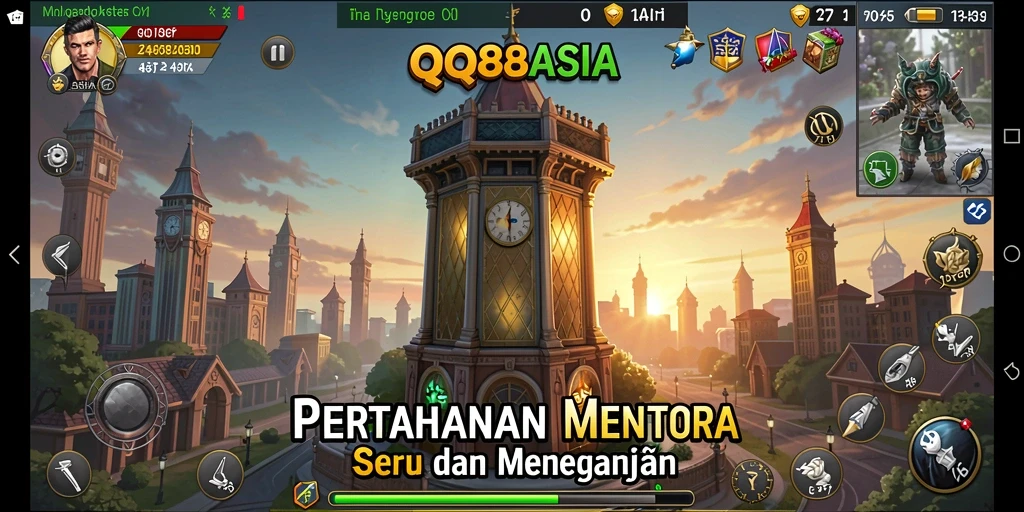Tampilan gameplay QQ88ASIA yang menampilkan menara bertahan dari serangan musuh.