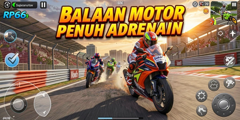 Gameplay memukau dalam balapan motor yang mendebarkan.