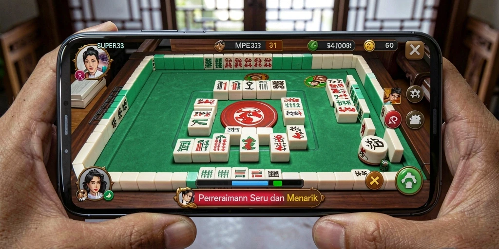 Screenshot gameplay SUPER33 menampilkan suasana Mahjong yang mendebarkan.