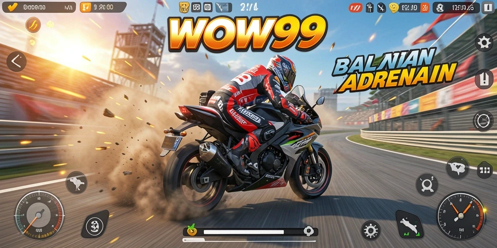 Screenshot gameplay WOW99 menampilkan aksi balapan motor yang seru.